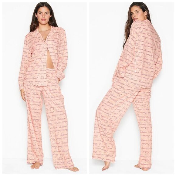VICTORIA'S SECRET LOGO Cotton Long PJ Set NWT STRIPE